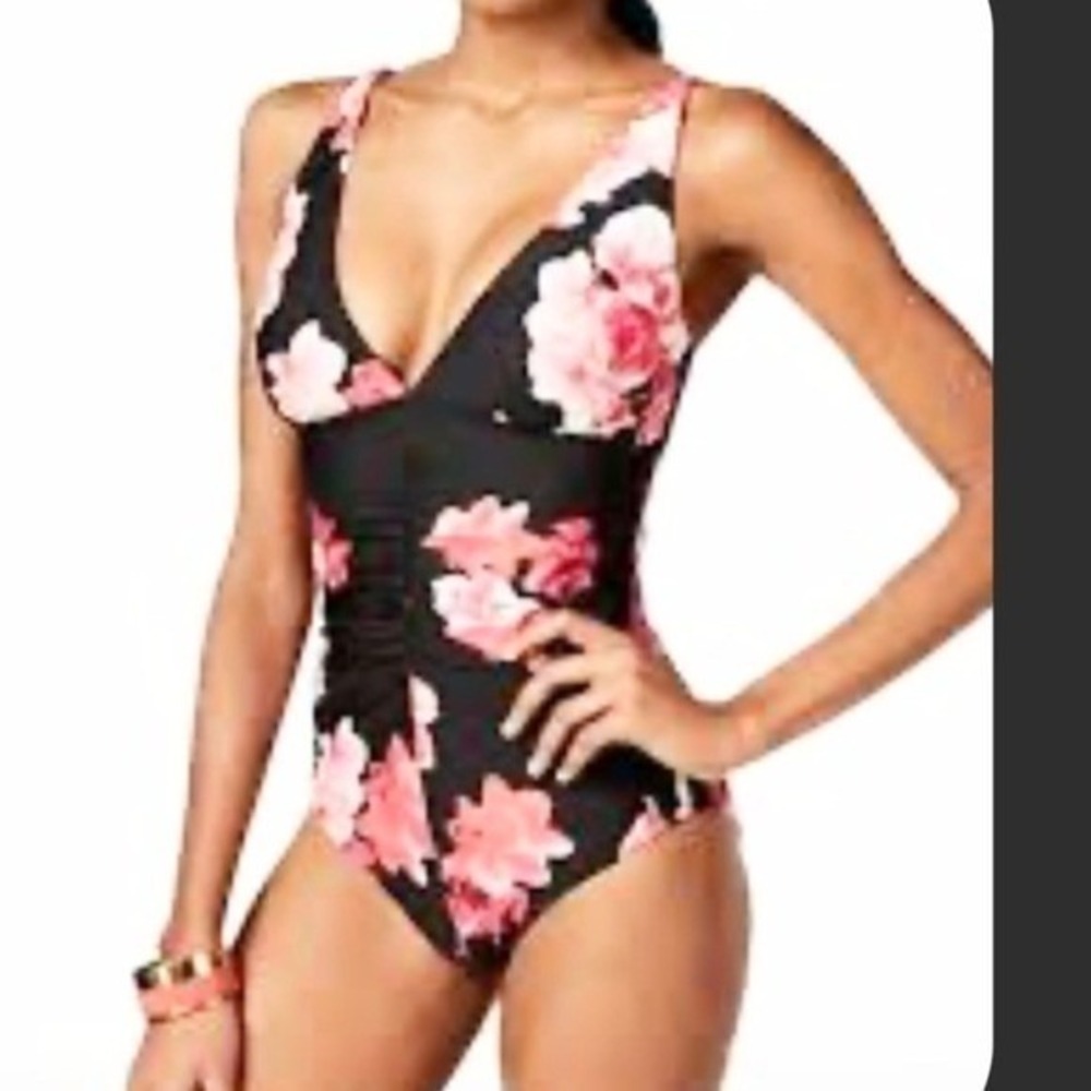 Calvin Klein Floral Ruched One Piece Swimsuit‎ Women Size 8 Black Pink
